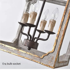 Distressed Gray and Gold Metal Lantern Chandelier with Candle Lights
