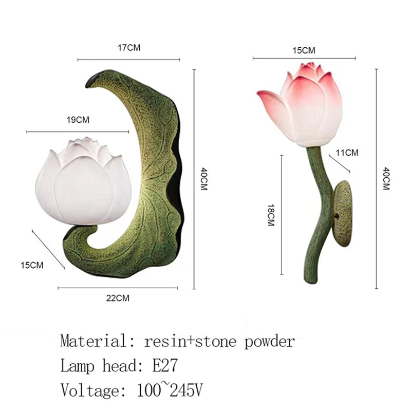 Dimensions of lotus-shaped wall lights with material and voltage information.