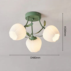 Flower Bud Semi-Flush Ceiling Light White Glass Green Metal Accents