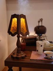 Black Walnut Wood Lamp with Amber Frosted Glass Shade