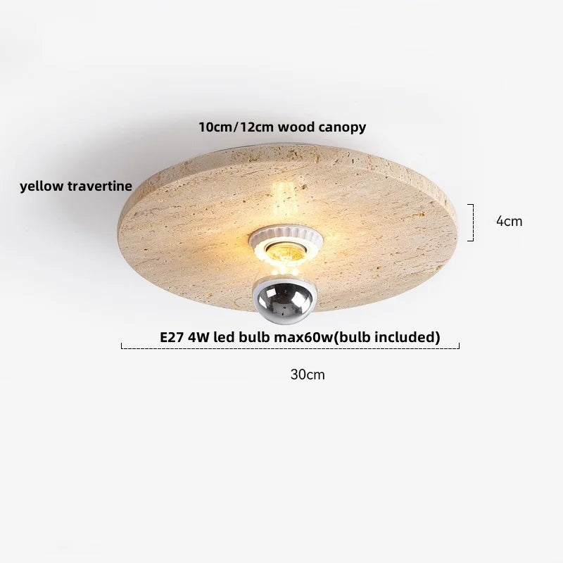 Ceiling light fixture with wood canopy and LED bulb, labeled dimensions on a white background.