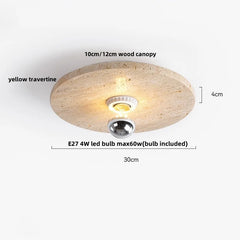 Ceiling light fixture with wood canopy and LED bulb, labeled dimensions on a white background.