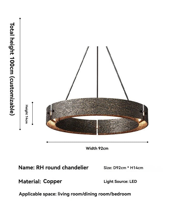 RH round chandelier with dimensions and material details on a white background