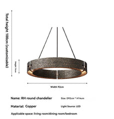 RH round chandelier with dimensions and material details on a white background