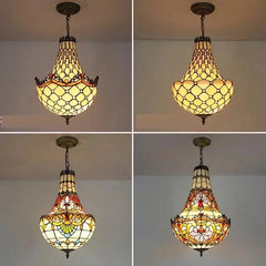 Stained Glass Bell Pendant Light with Gold Finish Metal Frame