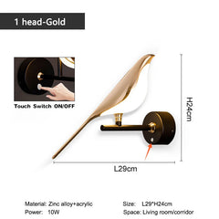 Wall lamp with gold finish and touch switch feature, dimensions, and material details on a white background.