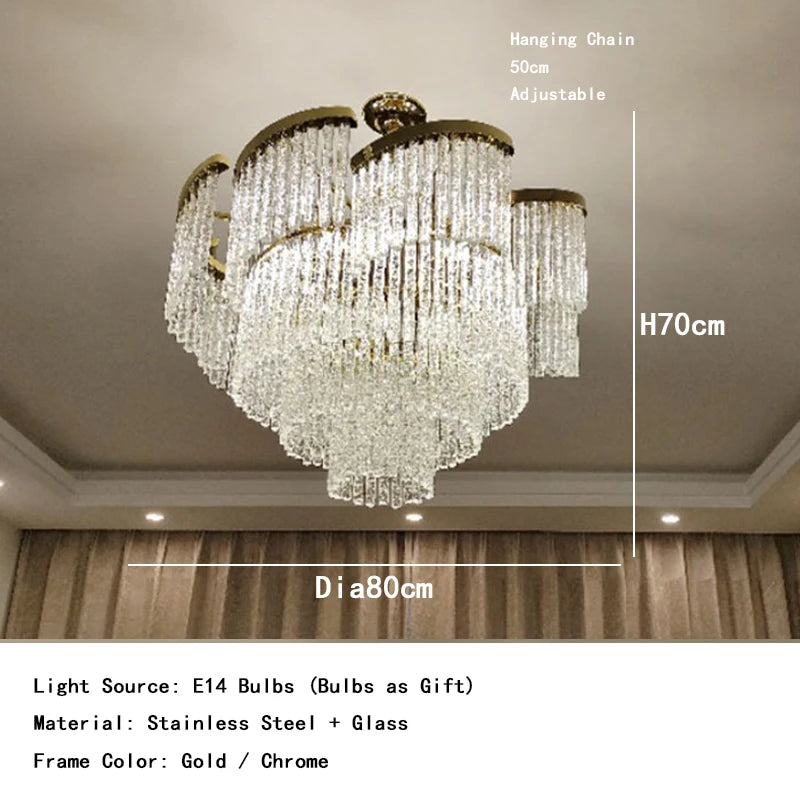 Chandelier with dimensions and specifications on a neutral background