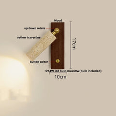 Wall lamp with wooden base and stone-like shade, labeled with dimensions and features.