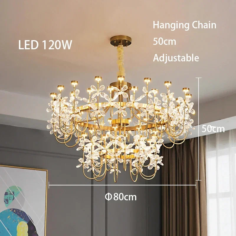 Chandelier with LED 120W label, hanging chain dimensions, and size details in a room setting.