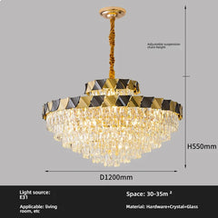 Tiered Crystal Chandelier with Gold Metal Frame and Geometric Accents