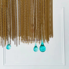 Gold Chain Rectangle Chandelier with Teal Teardrop Crystals