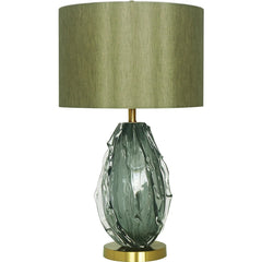 Decorative table lamp with a textured green glass base and beige lampshade on a white background