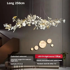 Gold Metal Ginkgo Leaf Pendant Chandelier with White Ceramic Flowers