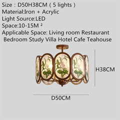 Bronze Chandelier with Frosted Glass and Green Leaf Floral Accents