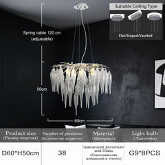 Chandelier with dimensions and installation instructions on a dark background
