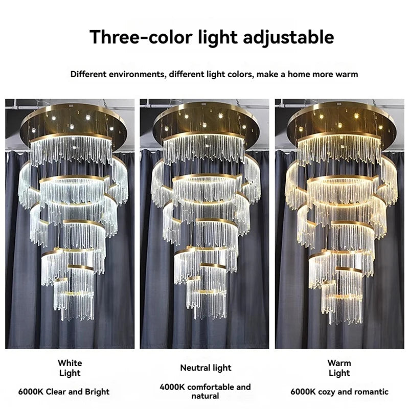 Three images showcasing the same gold tiered crystal waterfall chandelier with different lighting effects: white light, neutral light, and warm light.