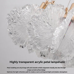 Highly transparent acrylic petal lampshade with gold accents on a gray background