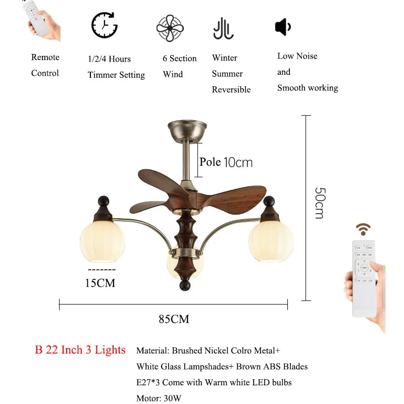 Ceiling fan with light fixture and remote control, featuring dimensions and features on a white background.