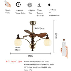 Ceiling fan with light fixture and remote control, featuring dimensions and features on a white background.