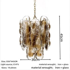 Amber Glass Disc Chandelier with Gold Metal Frame Pendant Light