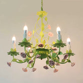 Green floral ceramic chandelier with rose and leaf accents, viewed from the front.