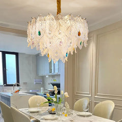 Feather Glass Tiered Chandelier with Multi-Colored Gem Accents