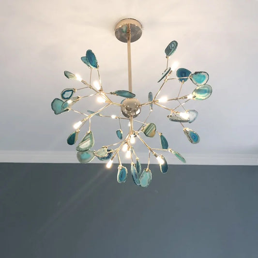 Gold finished sputnik chandelier with blue and green agate slices hanging from thin branches