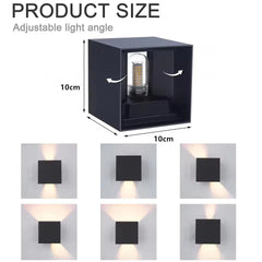 Black square wall light with adjustable light angle, dimensions, and sample placements shown.