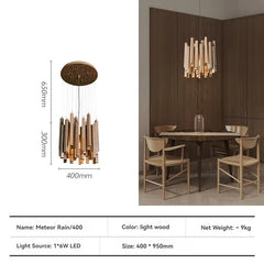 Dining room setting with a modern chandelier, table, and chairs, featuring dimensions and product details.