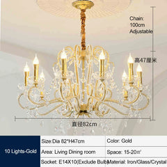Gold chandelier with crystal accents, dimensions, and specifications displayed.