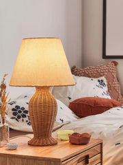 Handwoven Rattan Drum Table Lamp with Fabric Shade