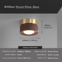 Walnut Wood Brass Flush Mount Ceiling Light Fixture