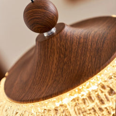 Close-up of a wooden lampshade with a blurred background