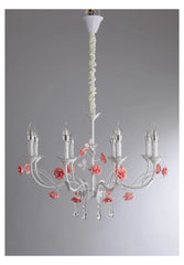 White Candelabra Chandelier with Pink Roses & Crystal Drops