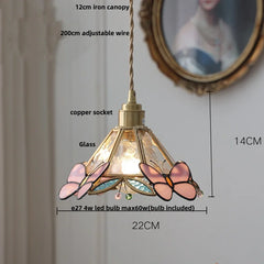 Pendant light with butterfly design, labeled with dimensions and features.