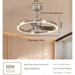 Ceiling fan with dimensions and specifications on a neutral background