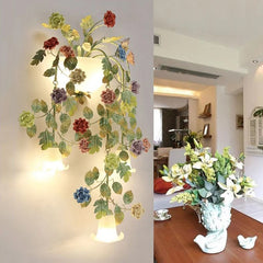 Gold Metal Sconce with Ceramic Rose Buds & Frosted Bell Shades