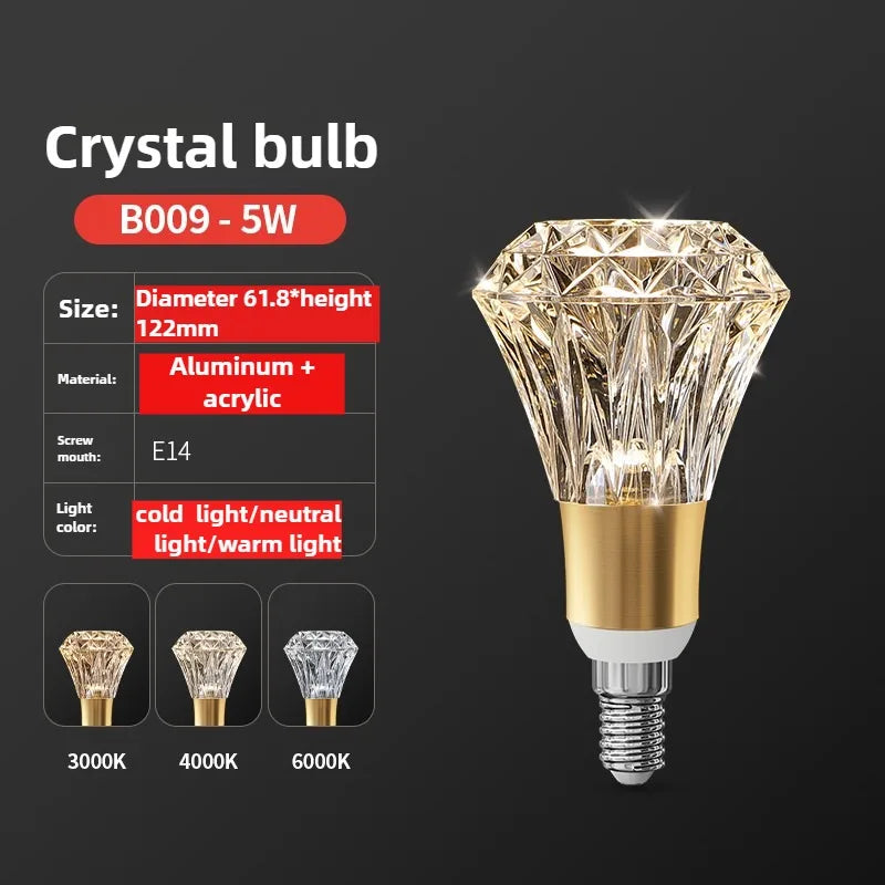 Crystal bulb with specifications on a dark background