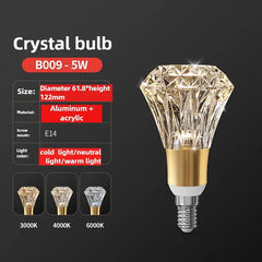 Crystal bulb with specifications on a dark background