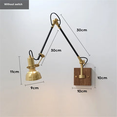 Brass Adjustable Swing Arm Wall Sconce Wooden Base Black Frame