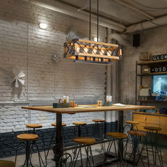 Wood and Black Industrial Cage Rectangular Chandelier with 5 Lights
