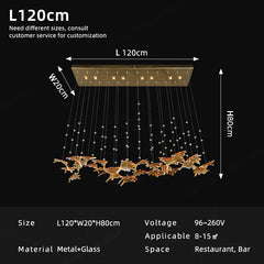 Chandelier with dimensions and specifications on a black background