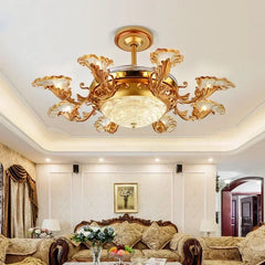 Gold Floral Fan Light with Clear Petal Shades and Rose Accents