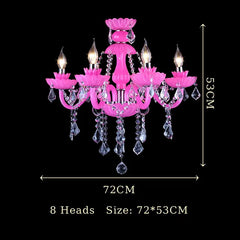 A detail shot of the central column and tiered structure of the red crystal chandelier.