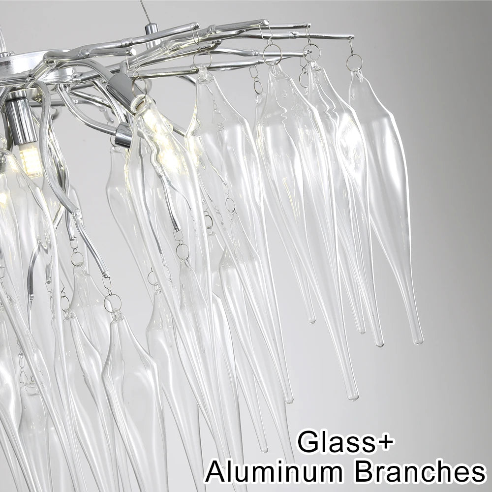 Chandelier with glass and aluminum branches on a gray background