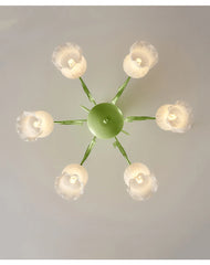 Green Floral Tulip Semi-Flush Ceiling Light with Frosted Glass Shades