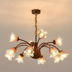 Bronze Floral Chandelier Pendant Light with Frosted Glass Bell Shades