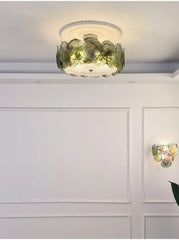 White Glass Floral Flush Mount Ceiling Light Chrome Brass Finish