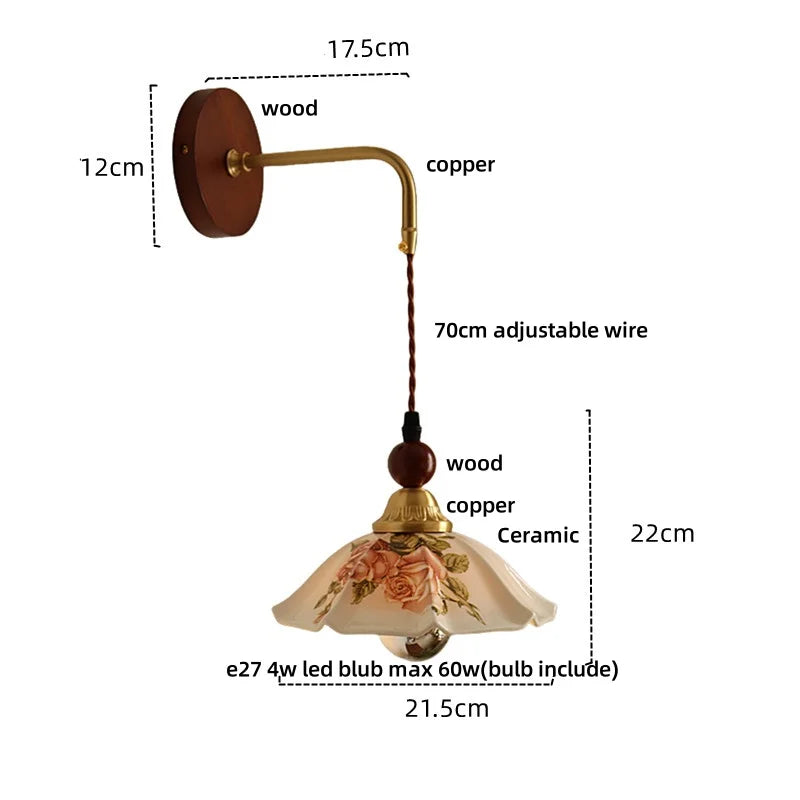 Wall-mounted light fixture with dimensions and material labels on a white background