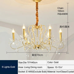 Gold chandelier with crystal accents, dimensions, and specifications displayed.